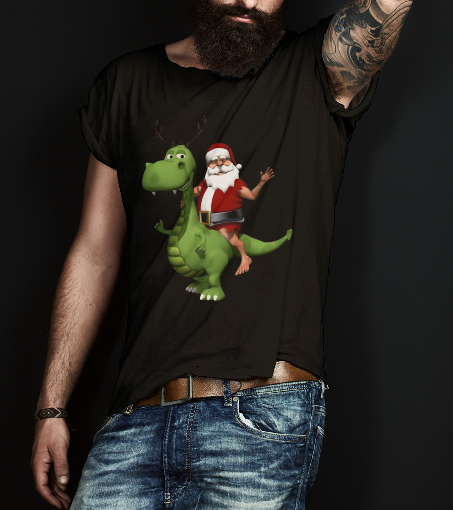 Santa Riding Rex Dinosaur Reindeer Christmas Holiday Fun T-Shirt