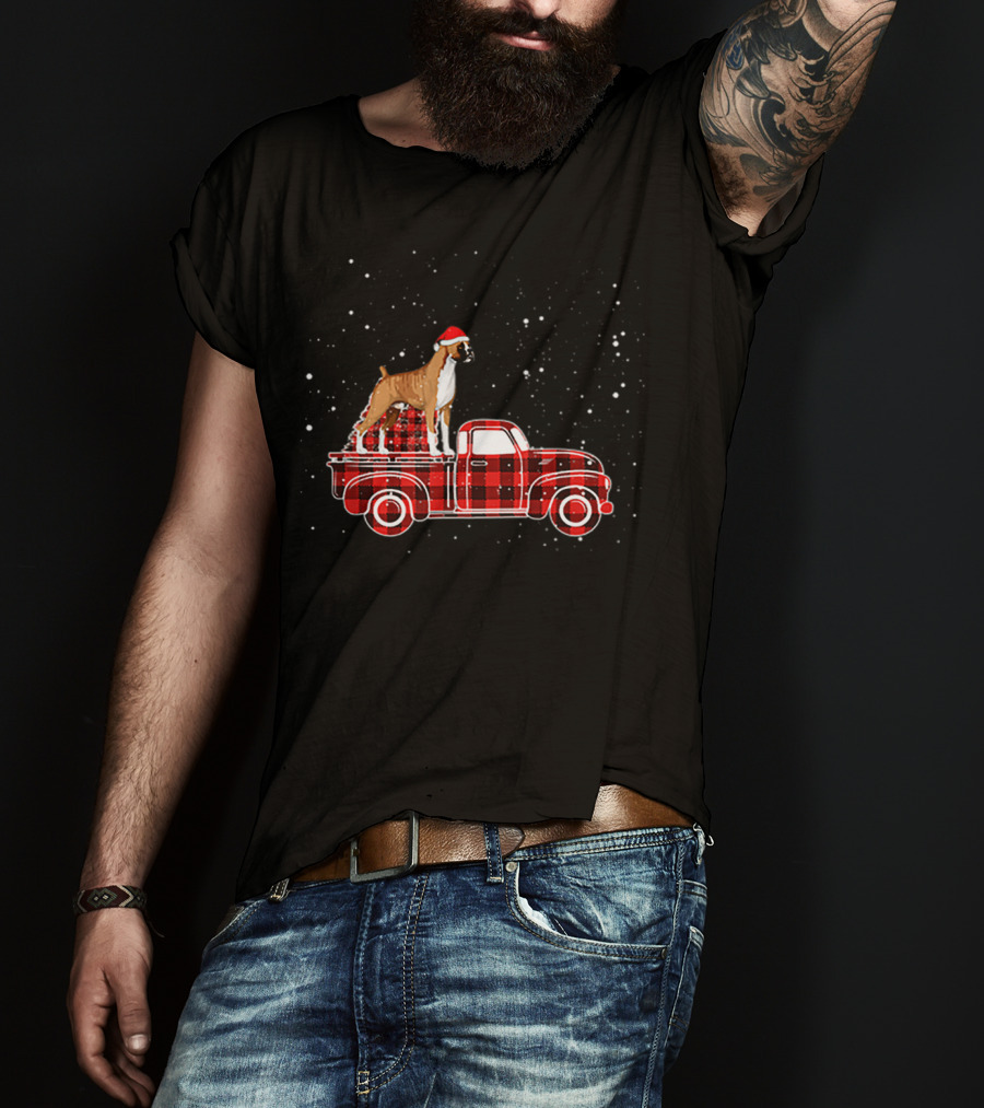 Boxer Buffalo Plaid Truck Xmas Santa Hat Snow T-Shirt