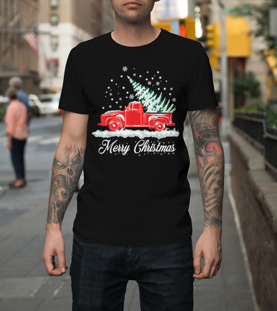 Merry Christmas Classic Old Red Truck With XMAS Tree Snowflakes T-Shirt
