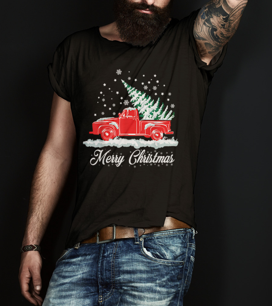 Merry Christmas Classic Old Red Truck With XMAS Tree Snowflakes T-Shirt