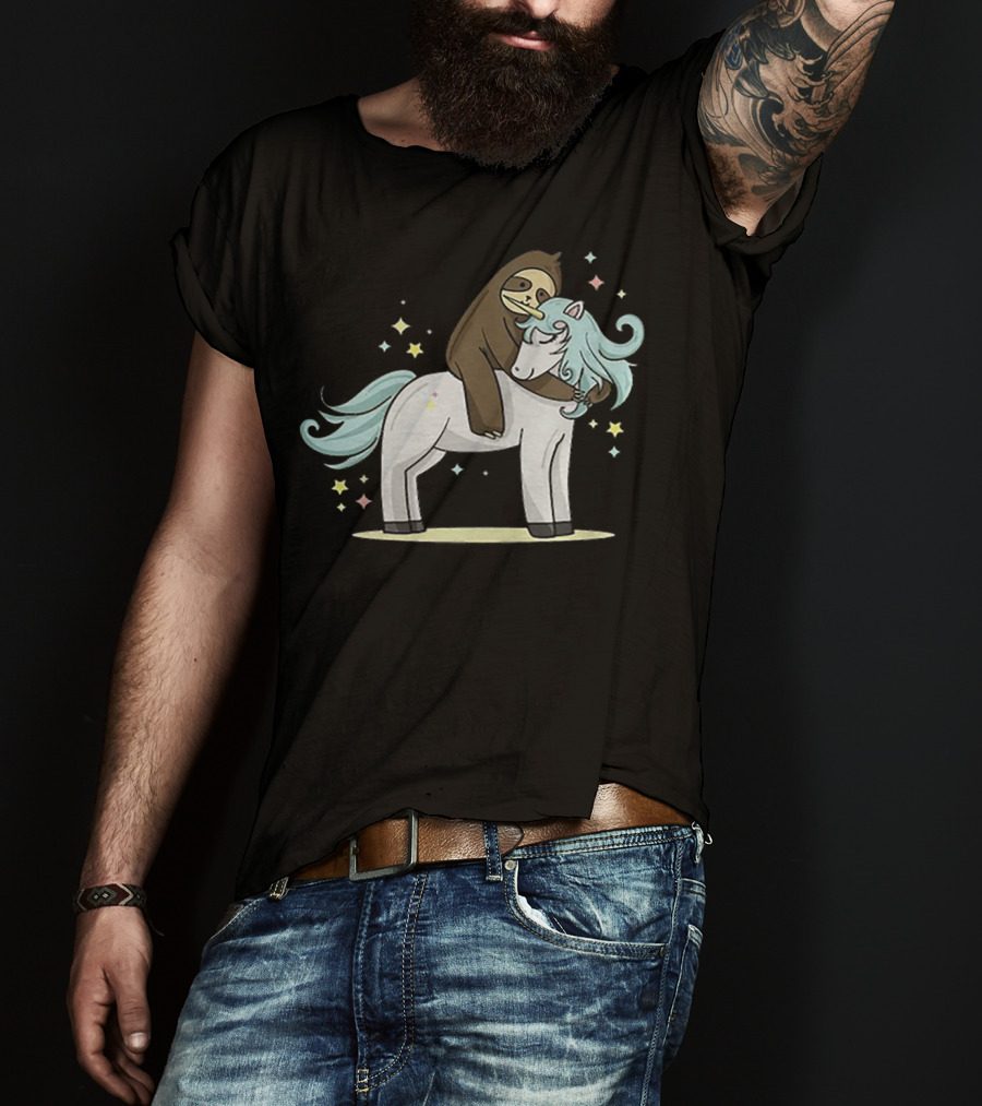 Sloth Hugging Magical Unicorn Surrounded By Sparkling Stars T-Shirt