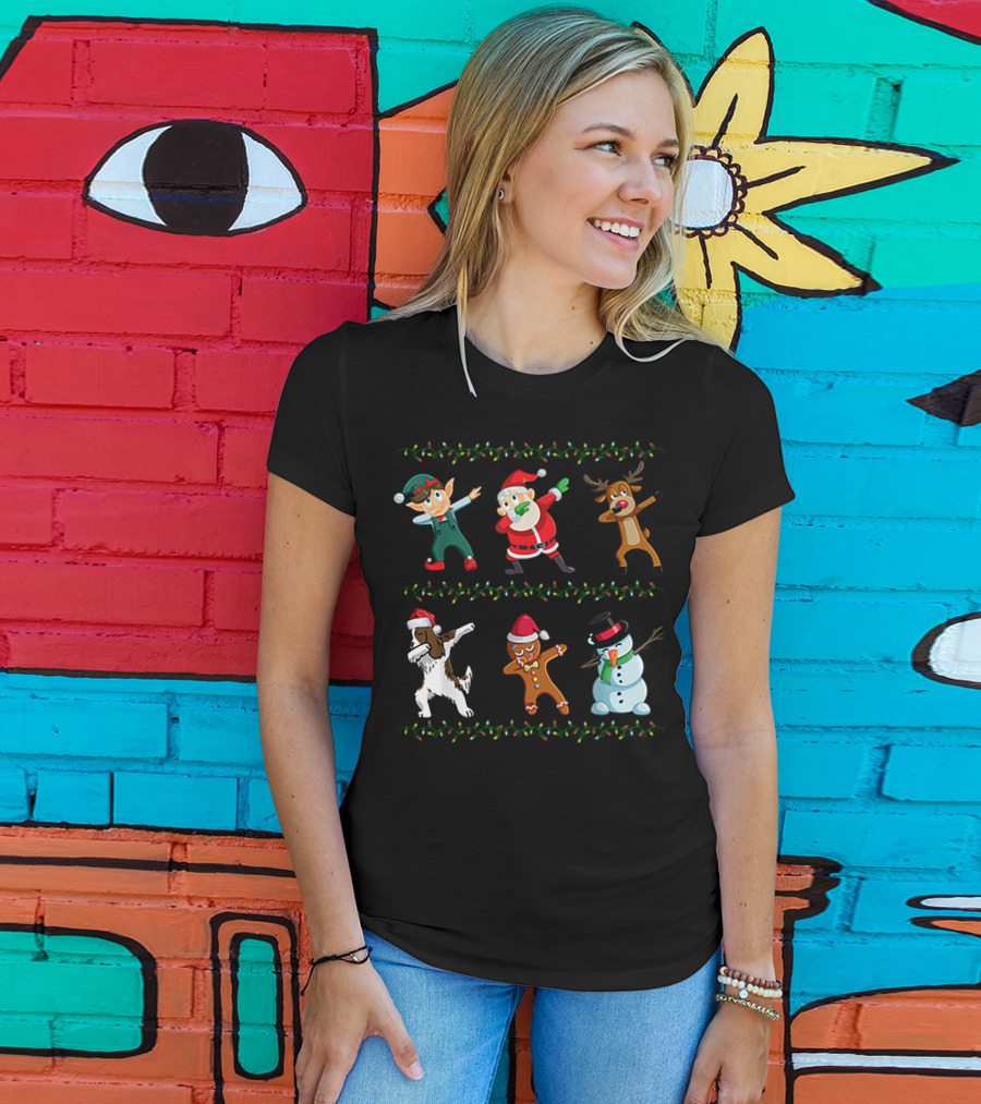 Dabbing Santa Springer Spaniel Elf Reindeer Gingerbread Snowman Christmas Friends T-Shirt