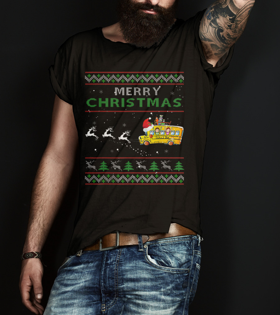 Merry Christmas School Bus Driver Santa And Reindeer Holiday T-Shirt