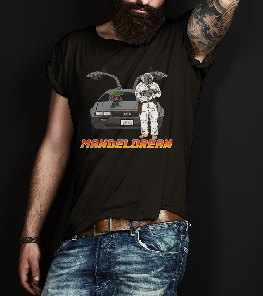 Mandelorean Baby Yoda And Boba Fett With DeLorean Car T-Shirt