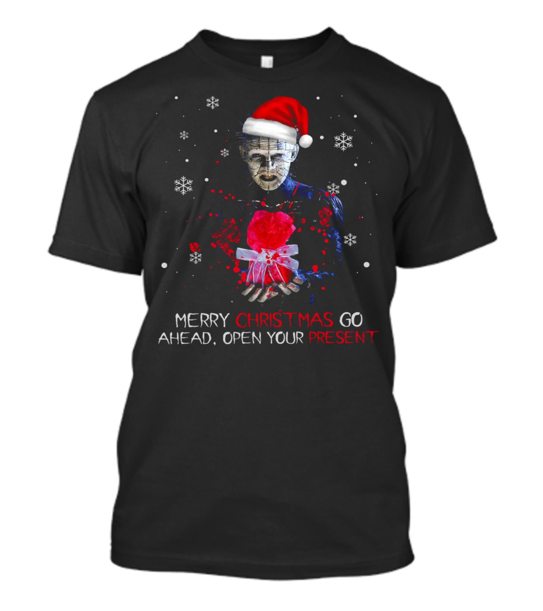 Merry Christmas Go Ahead Open Your Present Pinhead Santa Hat Snowflakes T-Shirt