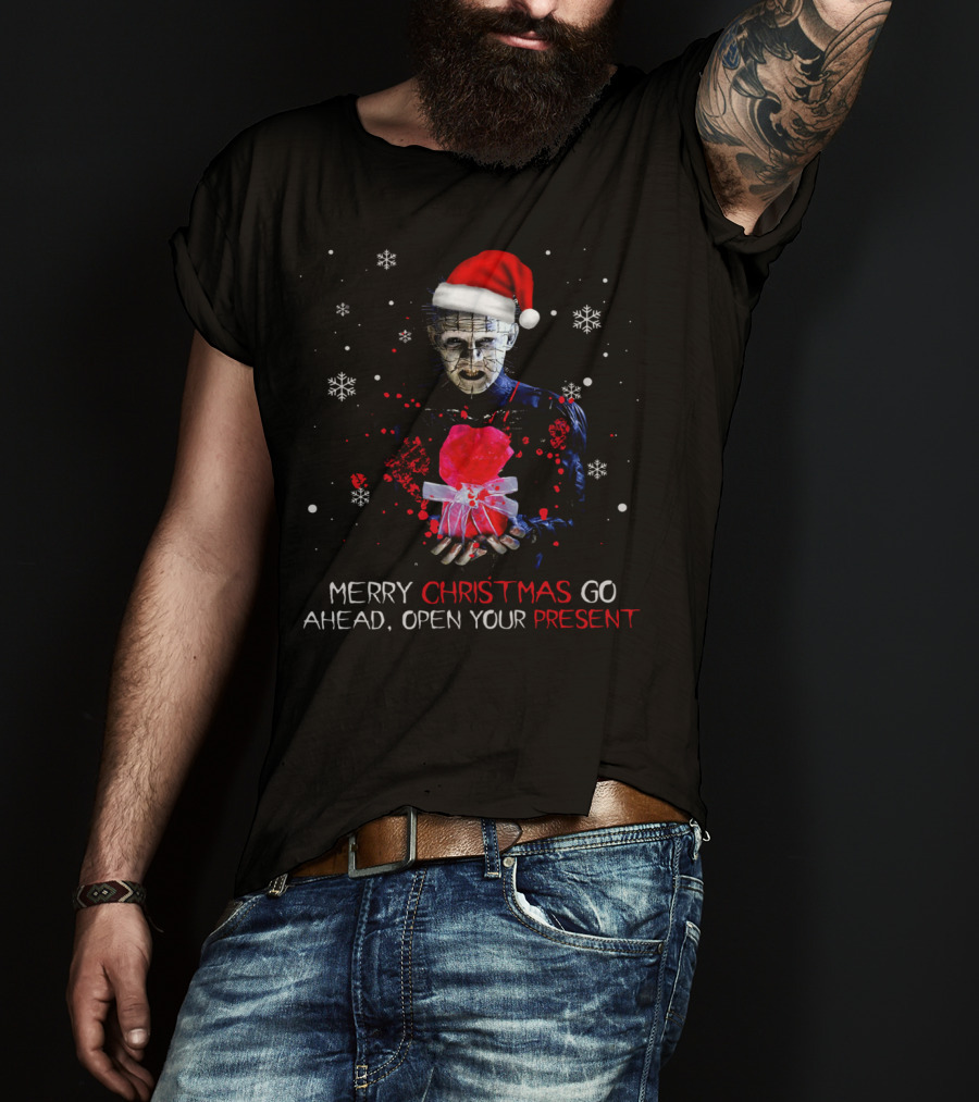 Merry Christmas Go Ahead Open Your Present Pinhead Santa Hat Snowflakes T-Shirt
