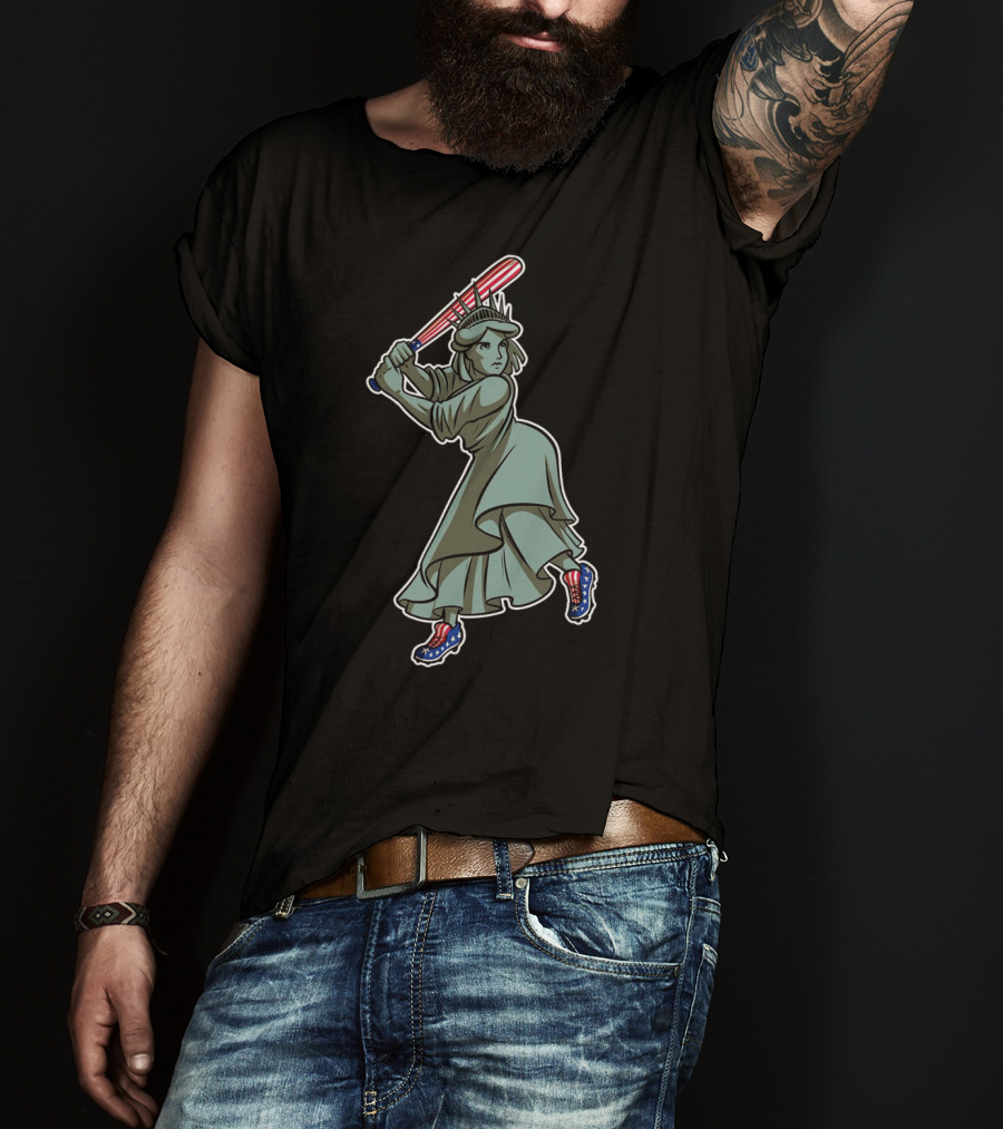 Liberty Statue Playing Baseball With American Flag Bat And Star-Spangled Shoes T-Shirt