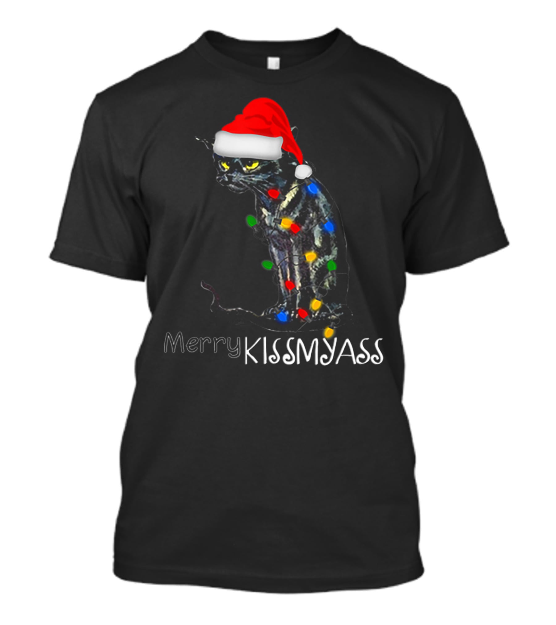 Merry Kissmyass Black Cat Santa Hat Christmas Lights T-Shirt