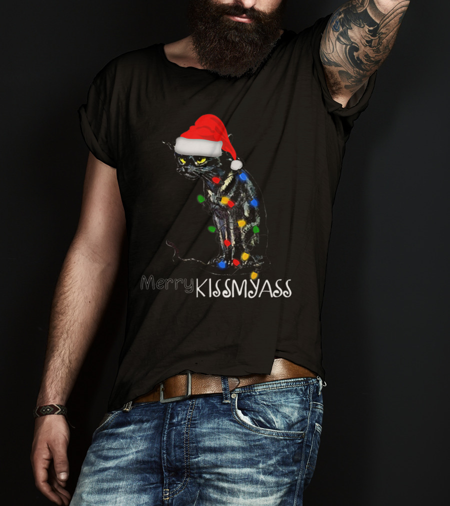 Merry Kissmyass Black Cat Santa Hat Christmas Lights T-Shirt
