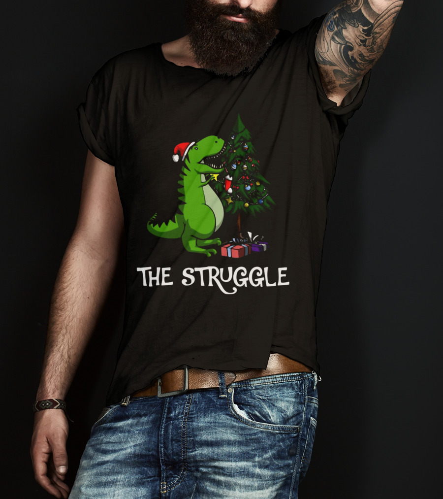 T Rex Dinosaur The Struggle With Christmas Tree T-Shirt