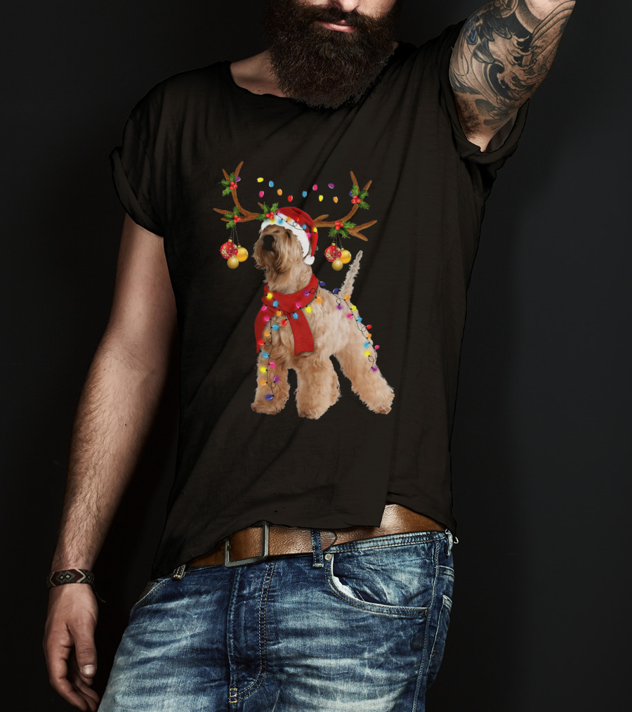 Christmas Wheaten Terrier With Santa Hat And Reindeer Antlers T-Shirt