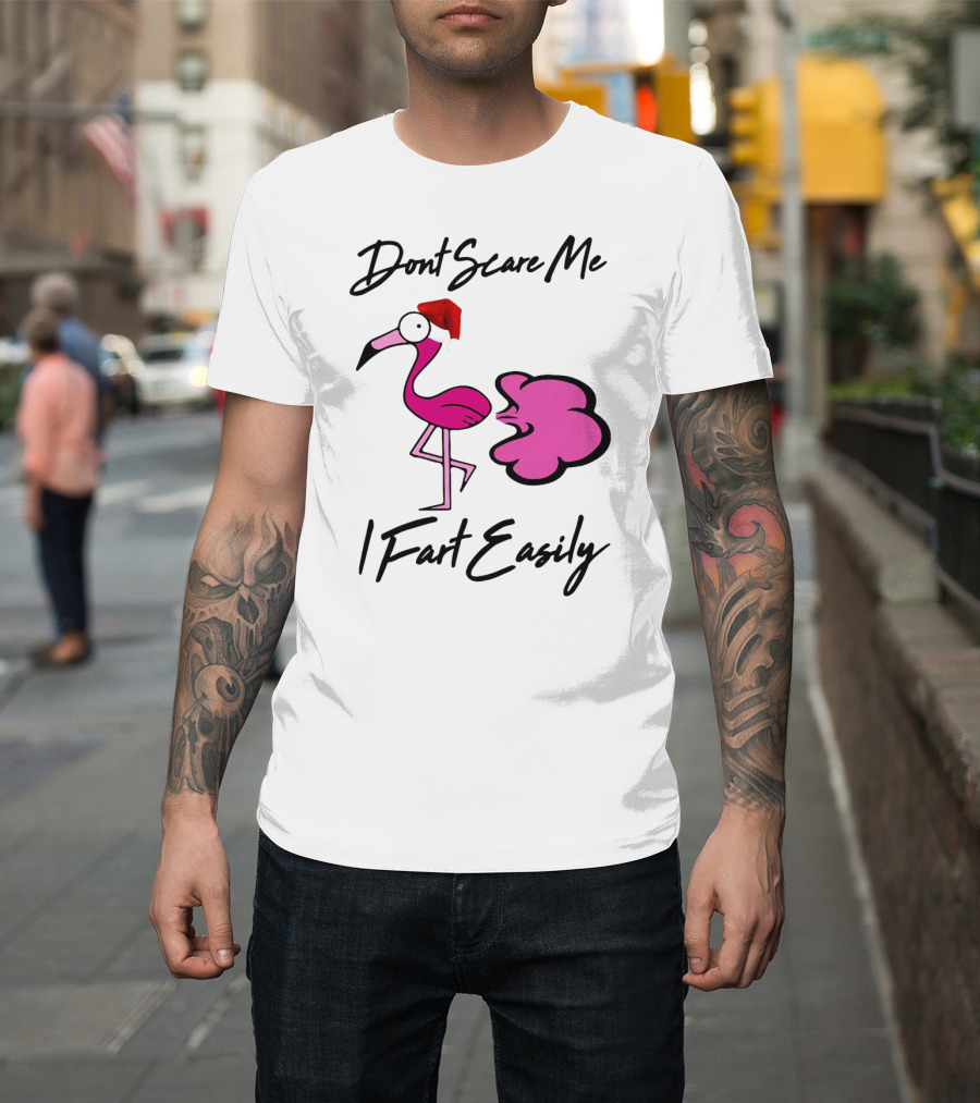 Dont Scare Me I Fart Easily Flamingo with Santa Hat T-Shirt
