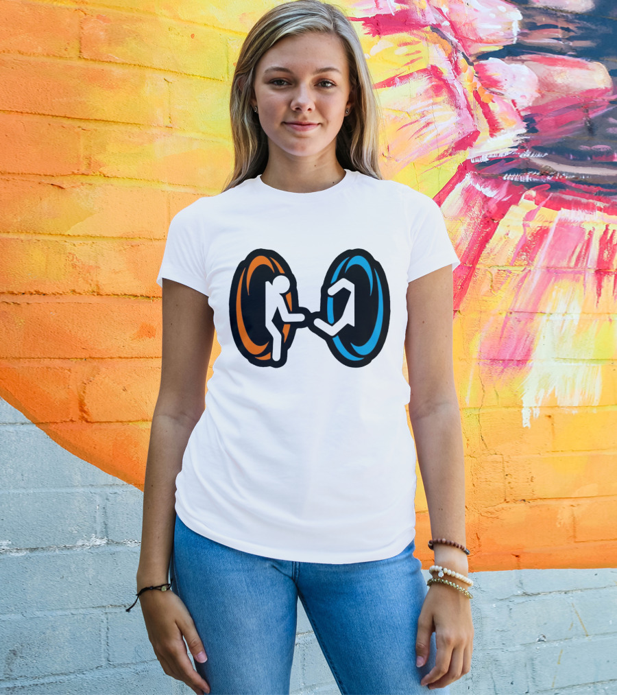 Orange And Blue Portal Stick Figure Couple T-Shirt