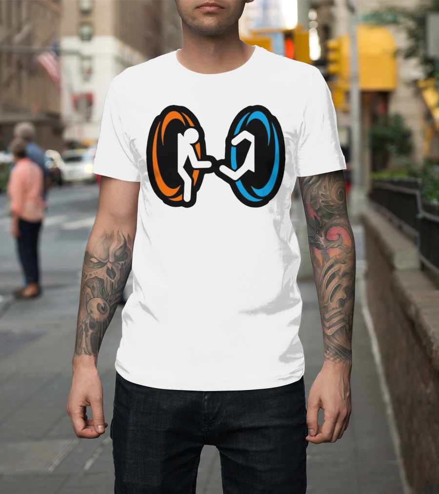 Orange And Blue Portal Stick Figure Couple T-Shirt