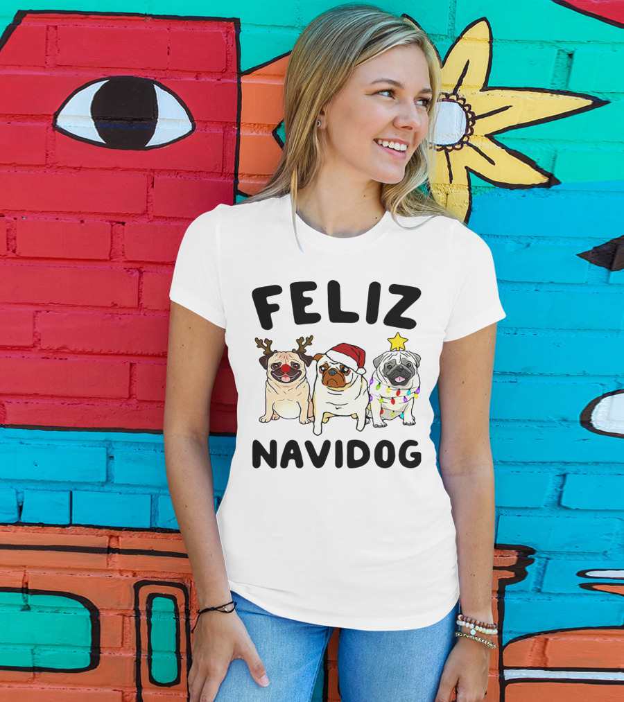 Feliz Navidog Pugs Christmas Reindeer Santa Lights T-Shirt