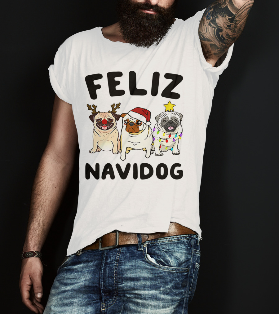Feliz Navidog Pugs Christmas Reindeer Santa Lights T-Shirt