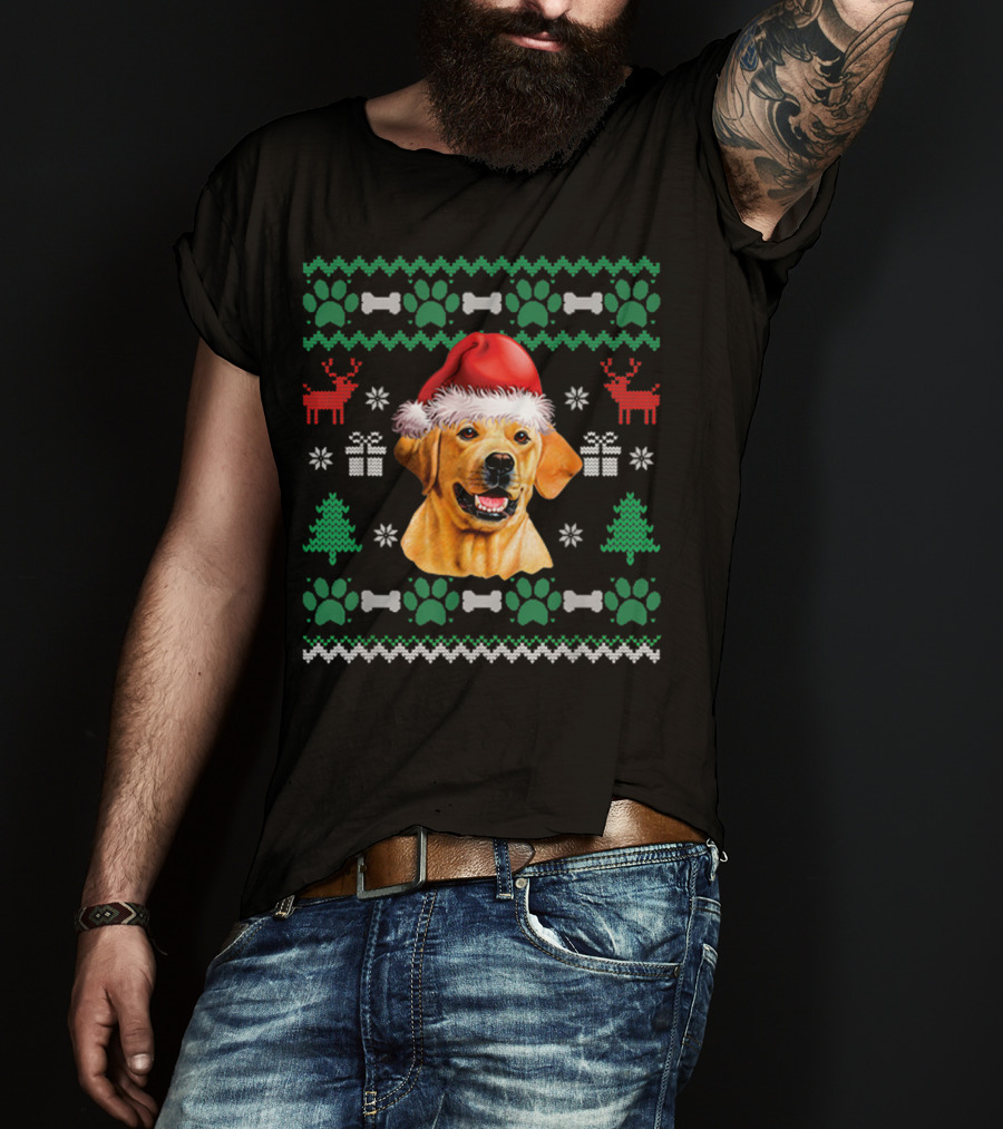 Labrador Santa Hat Christmas Ugly Sweater Dog Reindeer Paw Print Gift T-Shirt