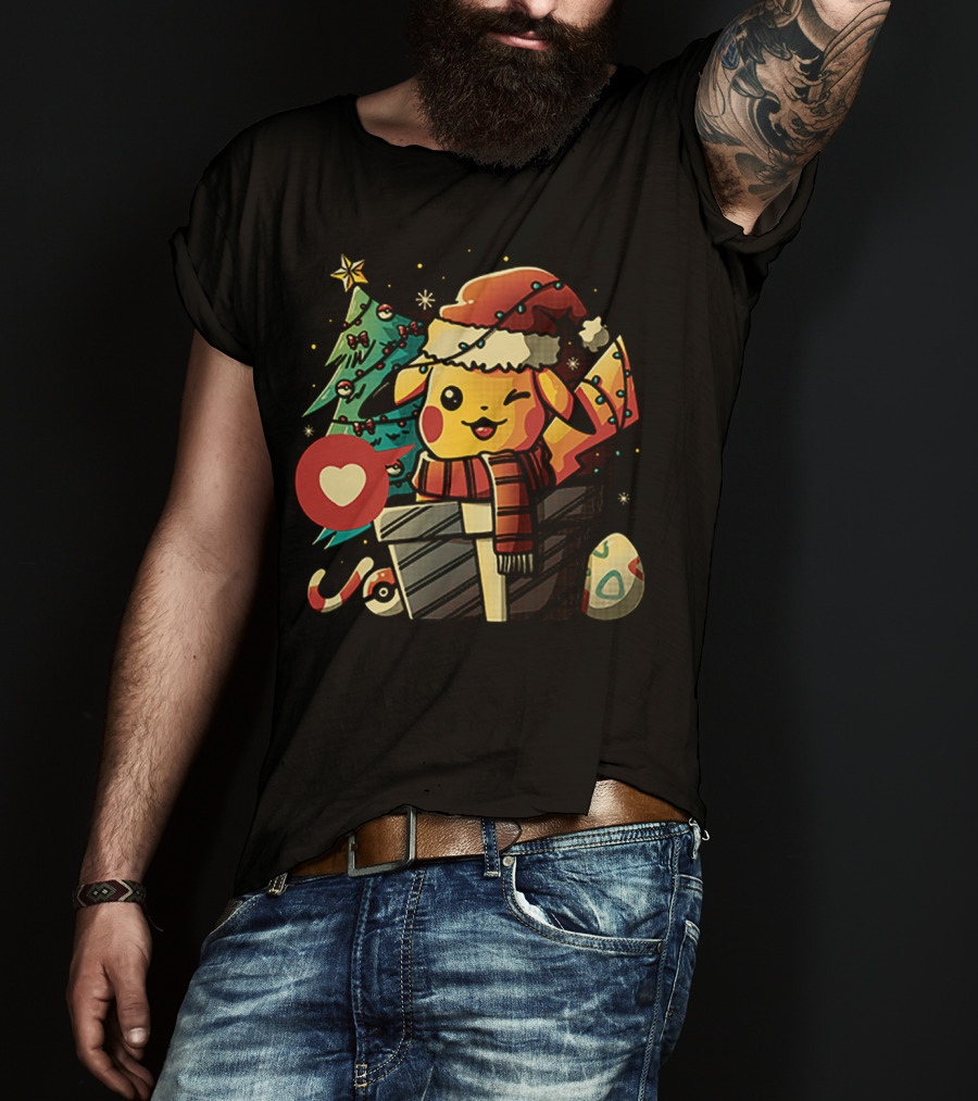Pikachu In Santa Hat With Electric Christmas Tree And Candy Cane T-Shirt