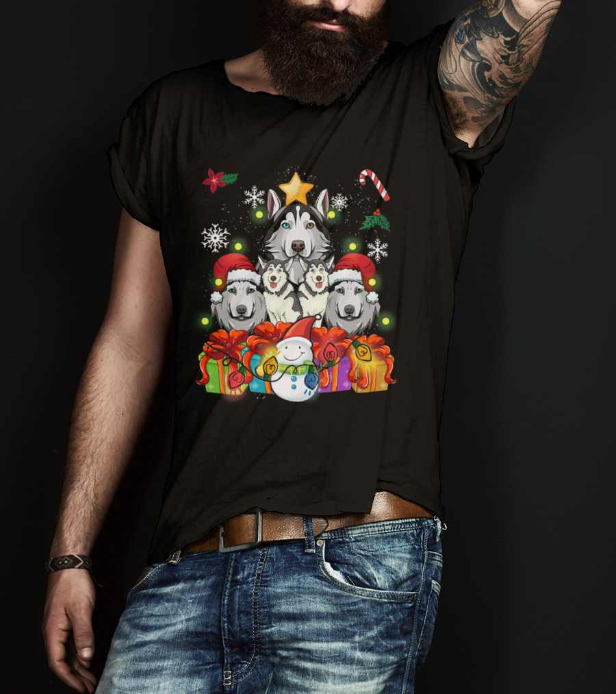 Siberian Husky Christmas Tree Decor With Snowflakes, Candy Cane, Snowman, And Presents T-Shirt