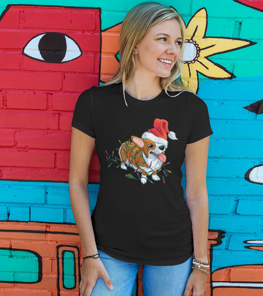 Corgi Christmas Lights Santa Hat T-Shirt