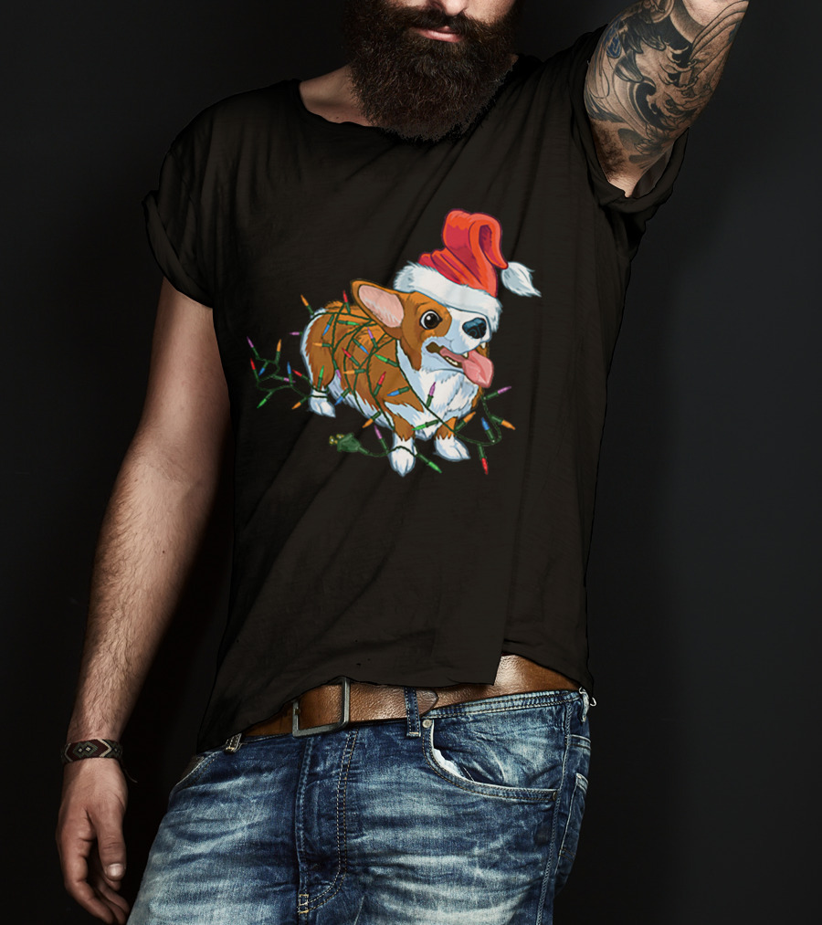 Corgi Christmas Lights Santa Hat T-Shirt