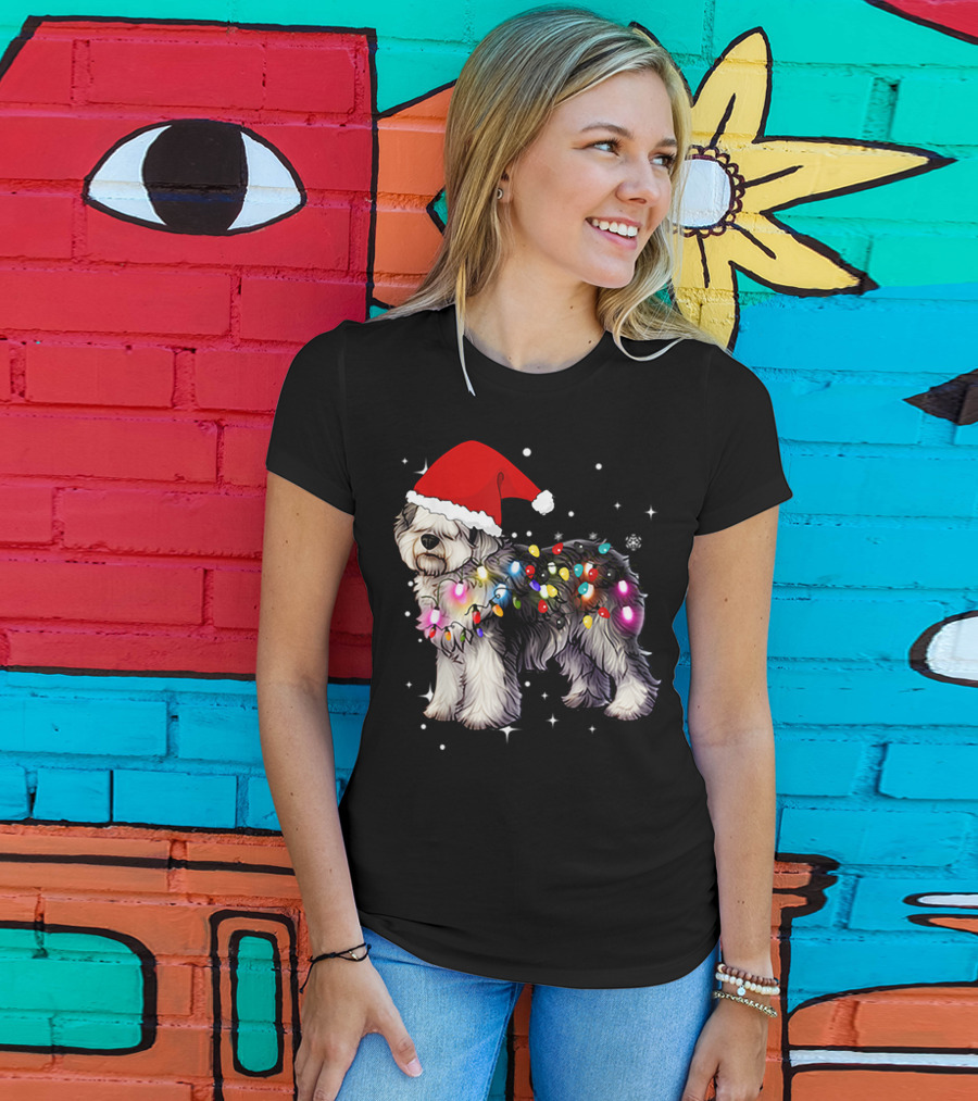 Christmas Lights Olde English Sheepdog Santa Hat T-Shirt