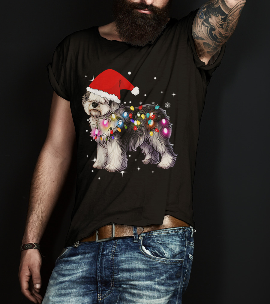 Christmas Lights Olde English Sheepdog Santa Hat T-Shirt