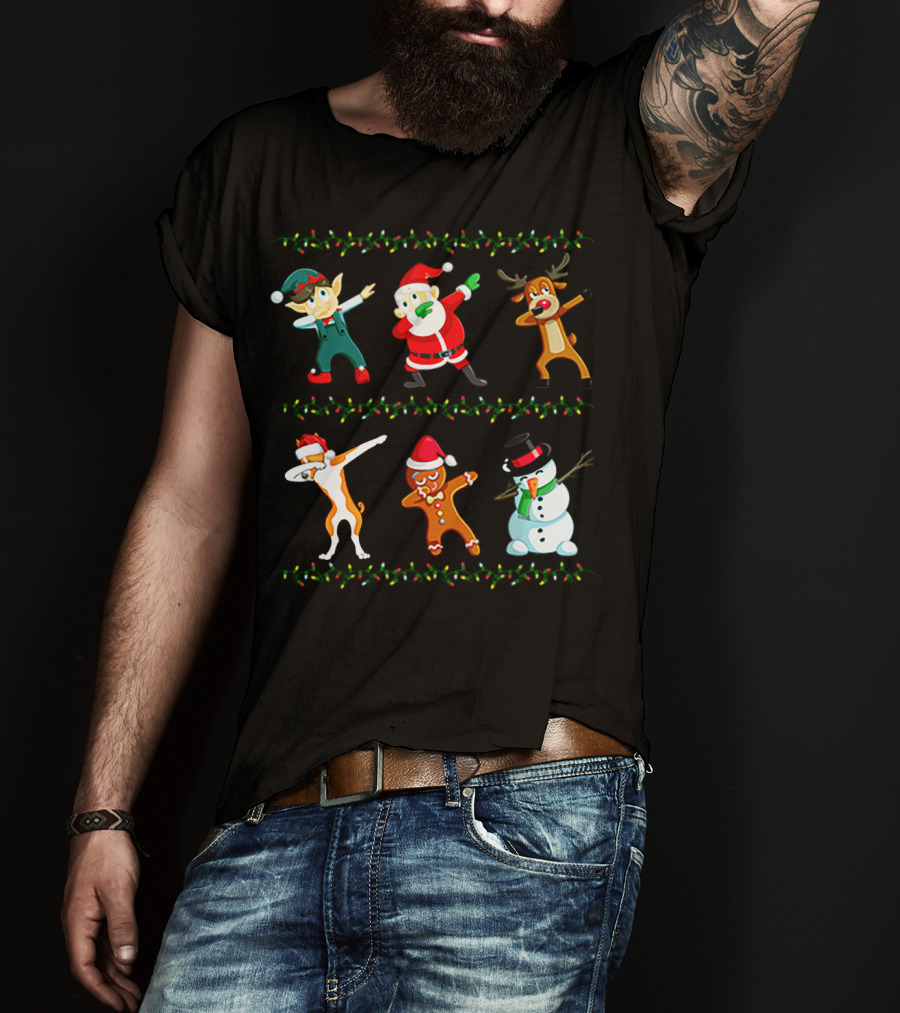 Dabbing Santa Basenji Elf Reindeer Gingerbread Snowman Christmas Lights T-Shirt