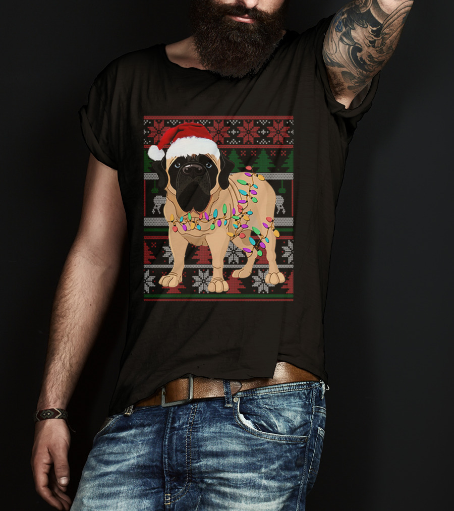 Santa Hat English Mastiff With Christmas Lights And Festive T-Shirt