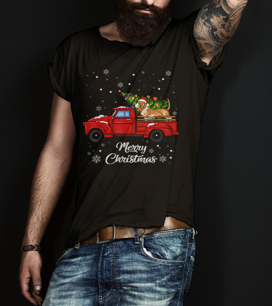Merry Christmas Basset Hound With Santa Hat On Red Truck With Christmas Tree And Snowflakes T-Shirt