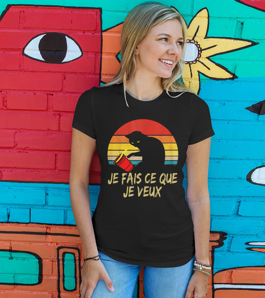 Black Cat Je Fais Ce Que Je Veux Retro Sunset Silhouette 80s T-Shirt