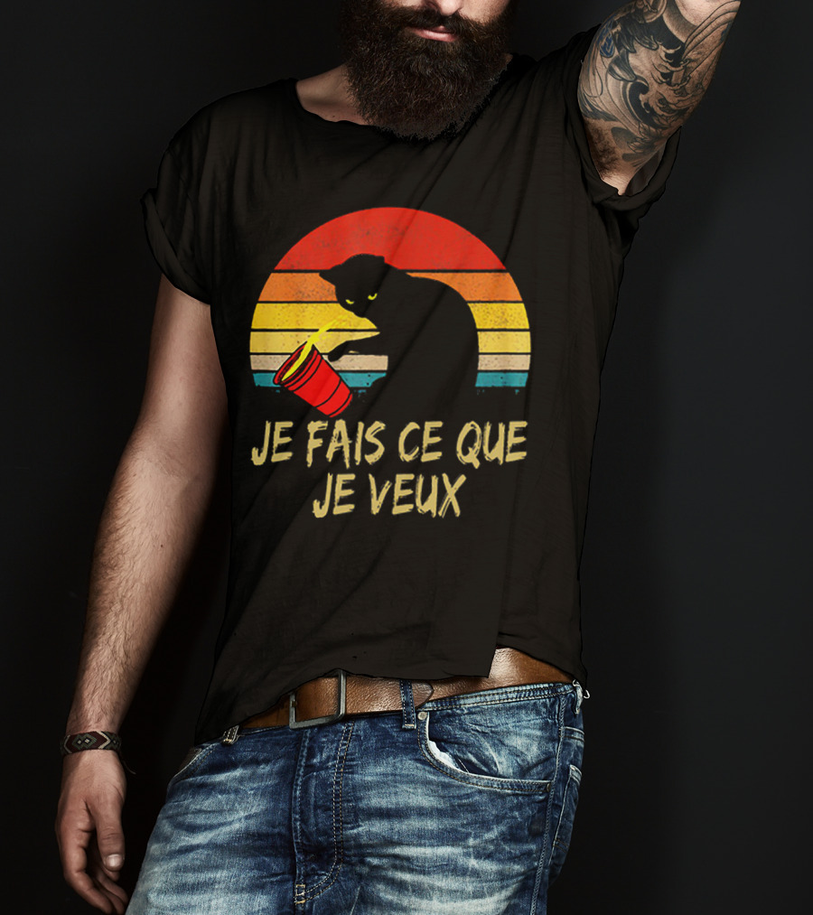 Black Cat Je Fais Ce Que Je Veux Retro Sunset Silhouette 80s T-Shirt