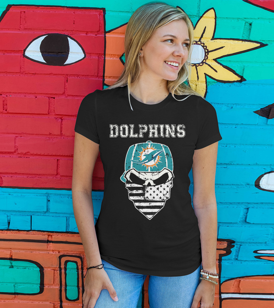 Dolphins Skull Bandana American Flag Miami Emblem T-Shirt