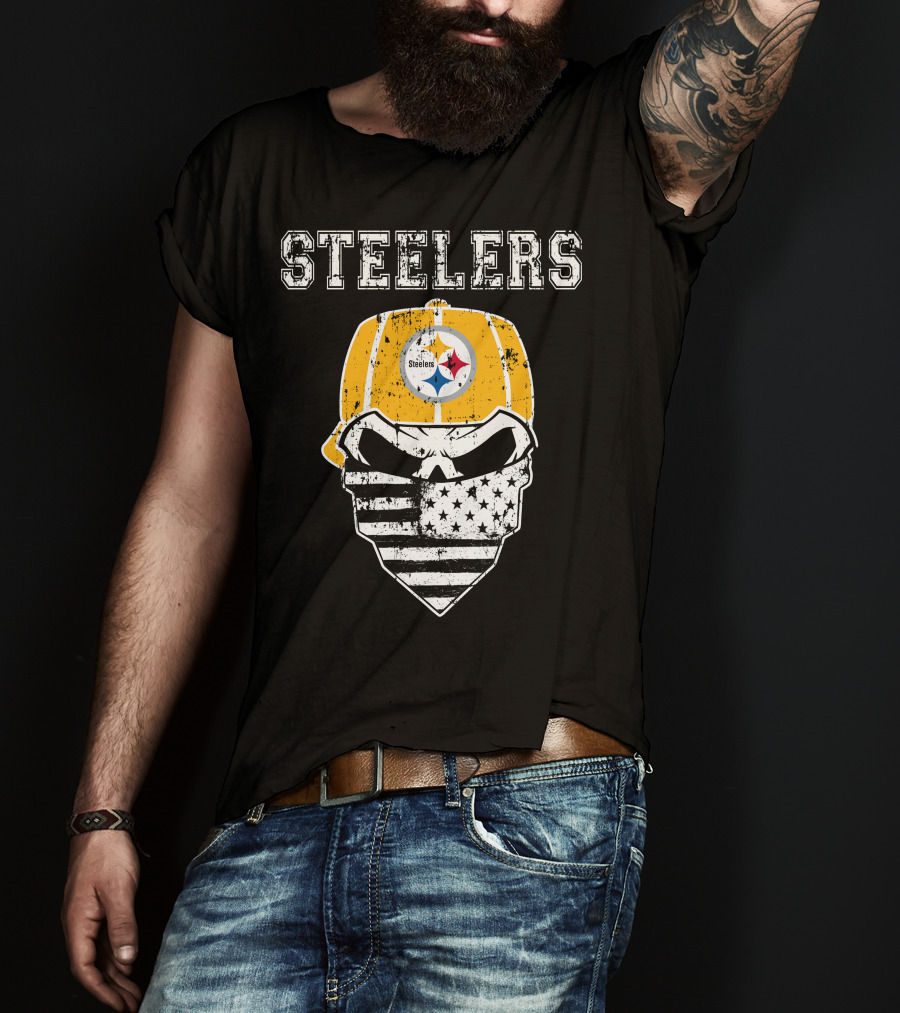 Steelers Skull With American Flag Bandana And Hat T-Shirt