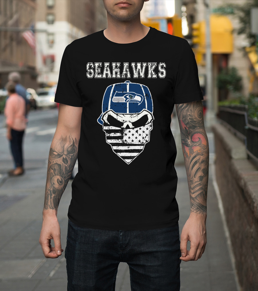 Seahawks Skull With Flag Bandana T-Shirt
