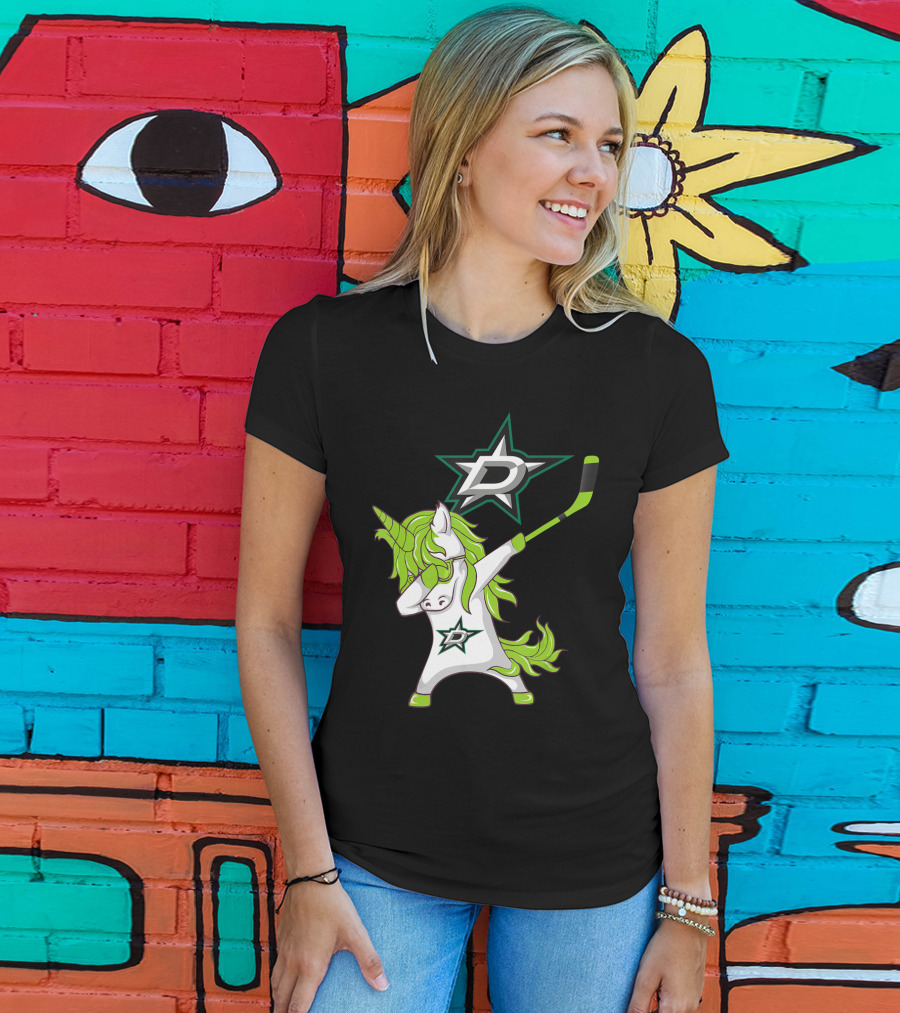 St Patrick's Day Dabbing Unicorn With Hockey Stick Dallas Stars T-Shirt