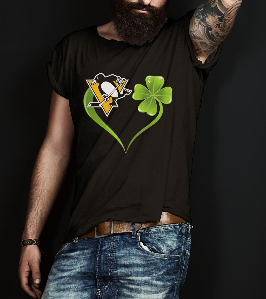 St Patrick Day Irish Shamrock Heart Love Pittsburgh Penguins T-Shirt