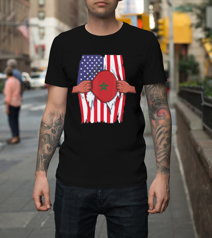Morocco Flag Inside American Flag Home Pride Moroccan T-Shirt