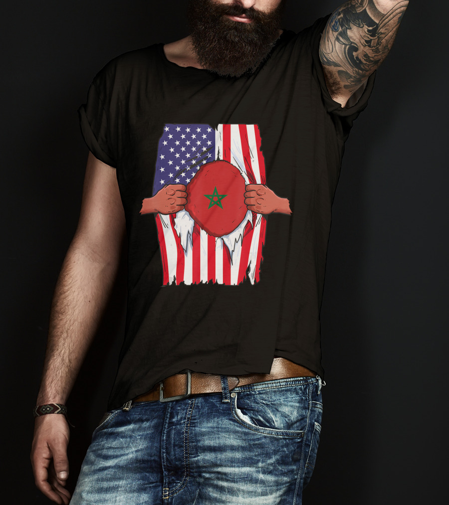 Morocco Flag Inside American Flag Home Pride Moroccan T-Shirt