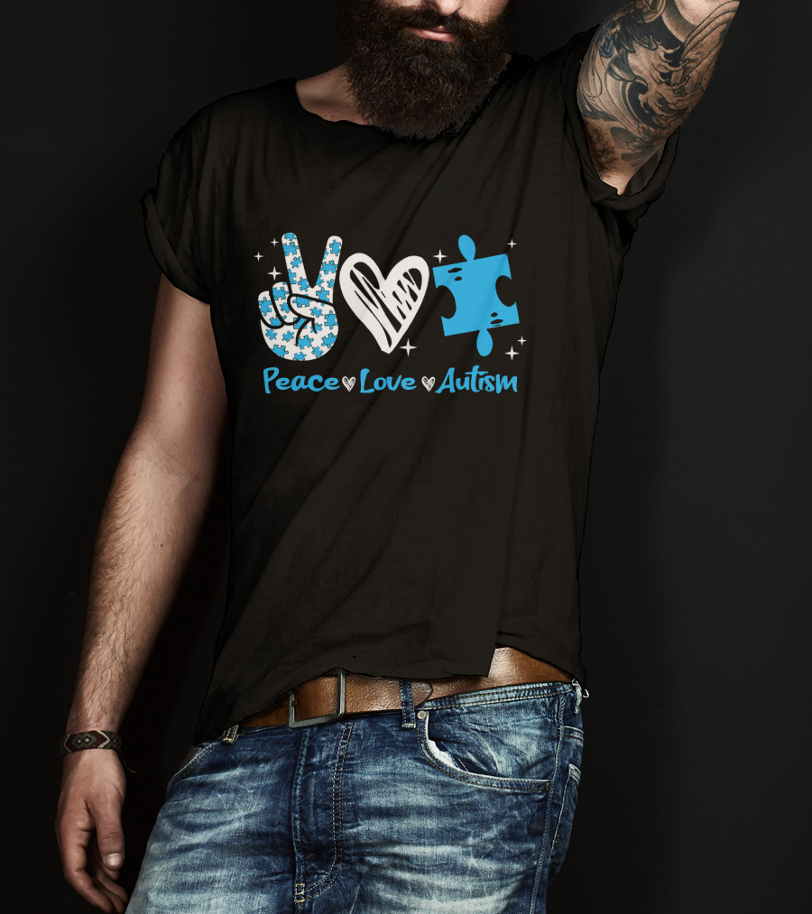 Peace Love Autism Awareness Blue Puzzle Piece T-Shirt