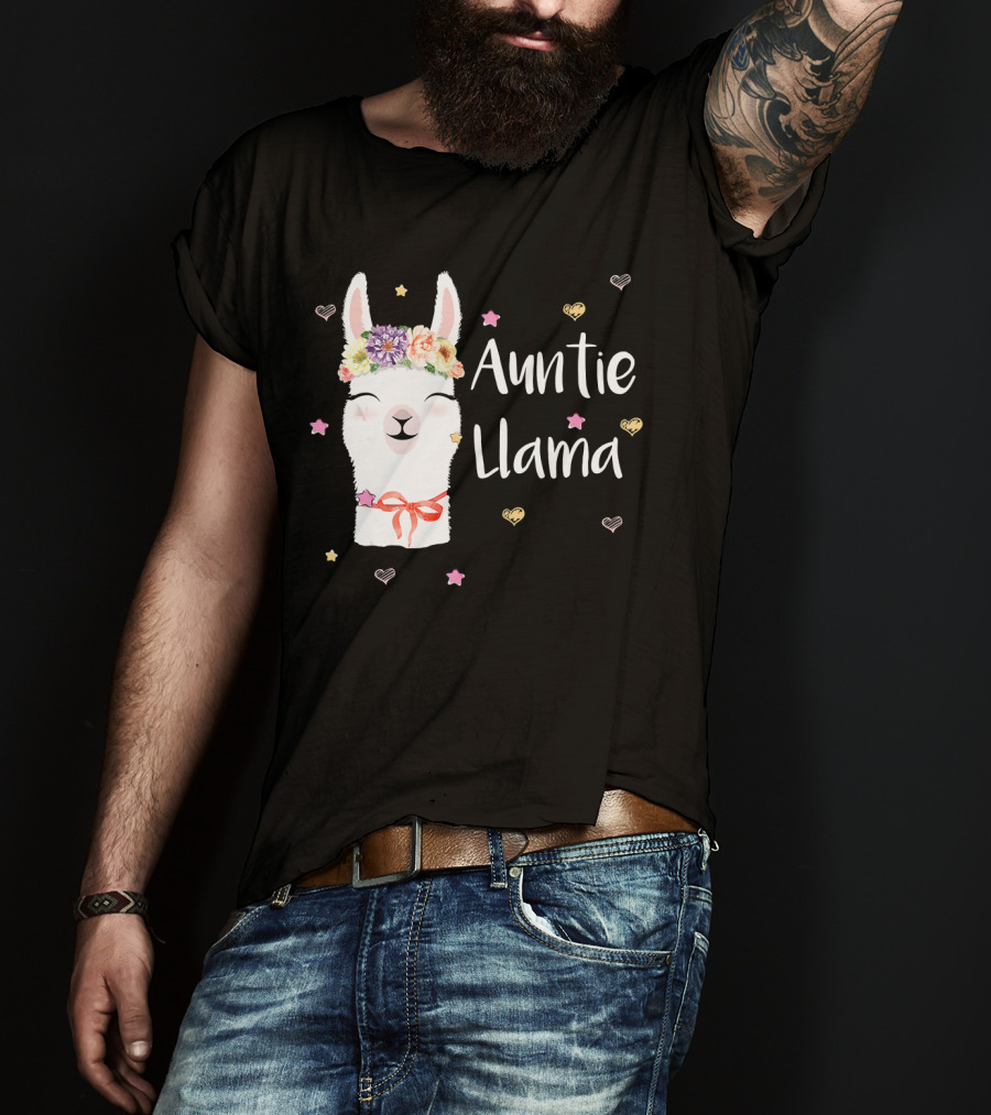 Auntie Llama Cute Floral Crown And Stars For Llama Lovers T-Shirt