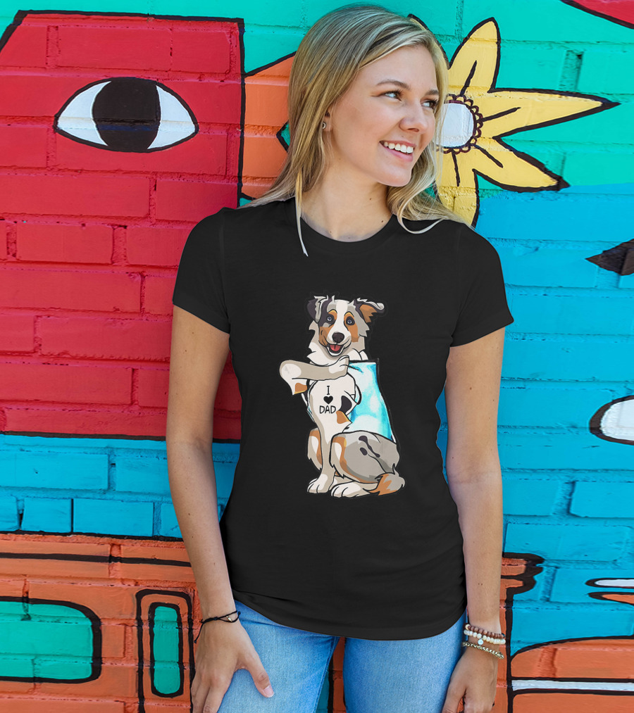 Australian Shepherd Dog I Love Dad Tattoo Paws Up T-Shirt