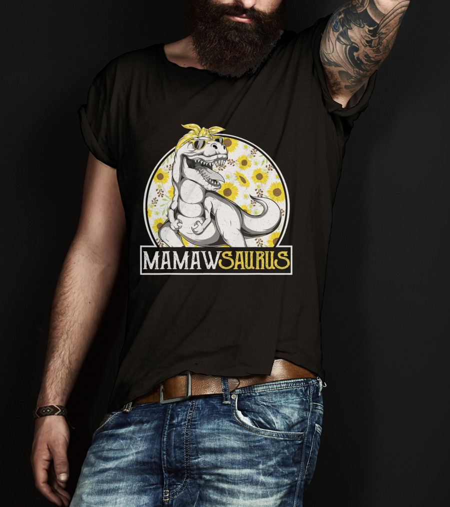 Mamaw Saurus Sunflower Dinosaur Grandma Fun Retro T-Rex T-Shirt