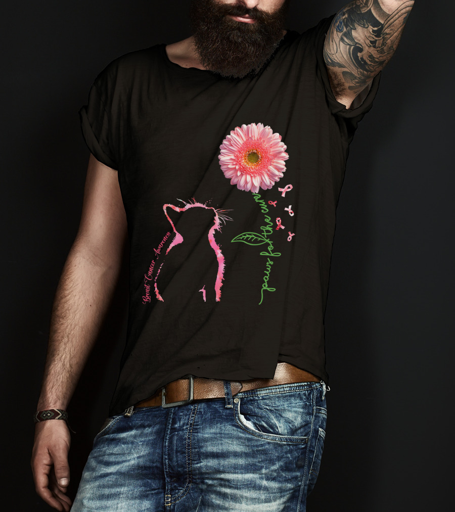 Paws For The Cure Breast Cancer Awareness Cat Pink Flower T-Shirt
