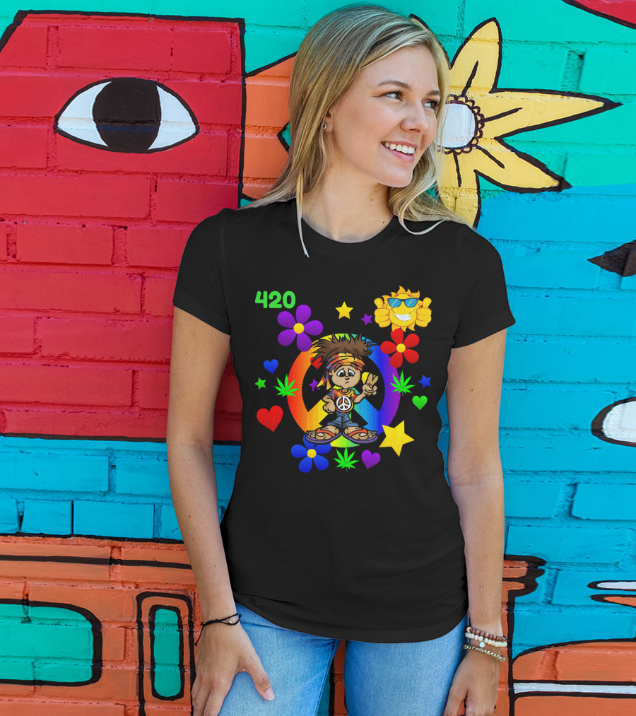 420 Peace Sign Hippie Cartoon With Sun And Colorful Flowers T-Shirt