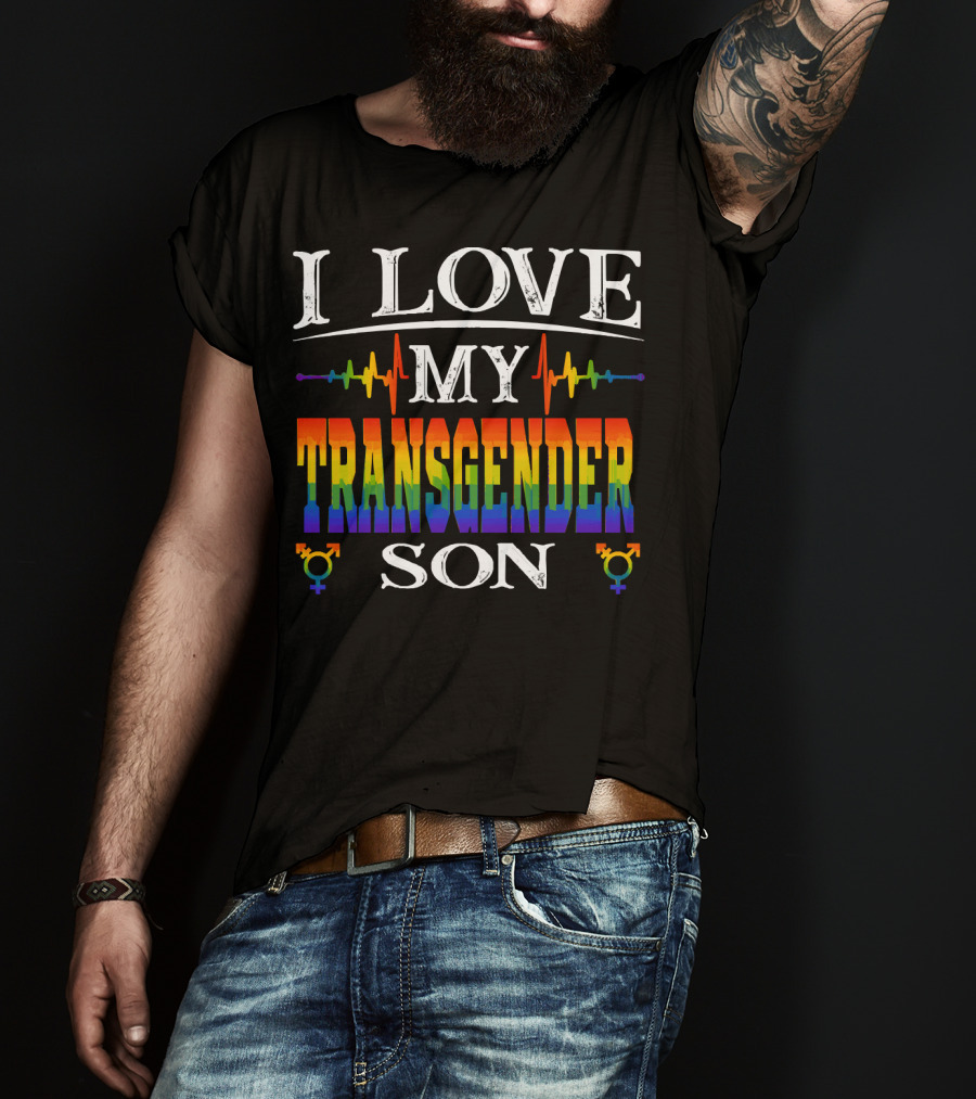 I Love My Transgender Son Rainbow Pride Heartbeat T-Shirt