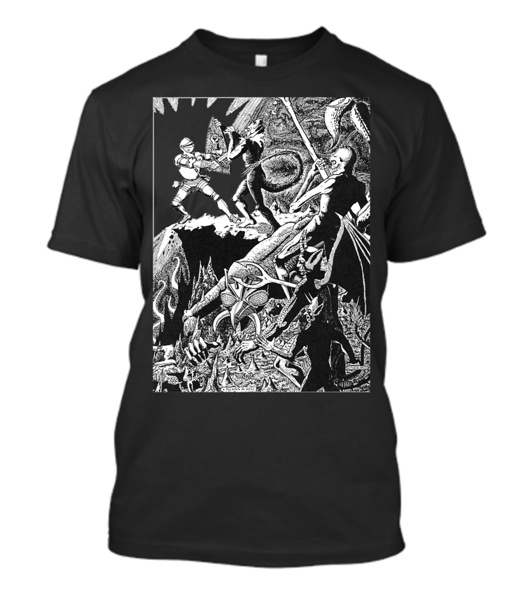 PALADIN IN HELL Classic Dungeon Adventure Battle Scene With Demons And Warriors T-Shirt