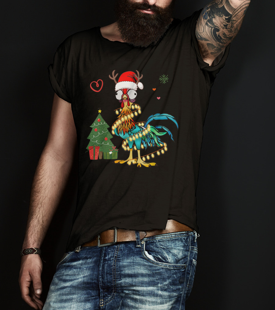Chicken Reindeer Christmas Lights Santa Hat Christmas Tree T-Shirt