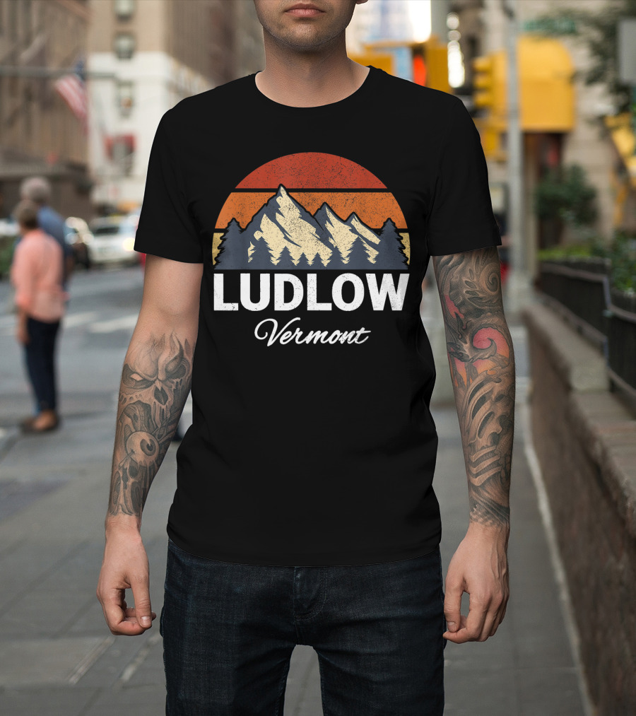 Ludlow Vermont Mountain Forest Retro Sunset T-Shirt