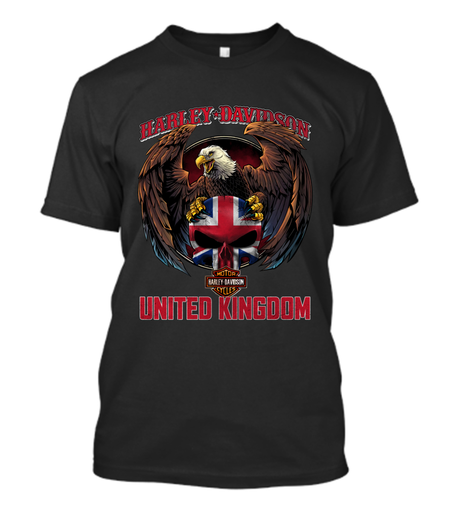 Harley Davidson Motor Cycles United Kingdom Eagle And Union Jack Skull T-Shirt